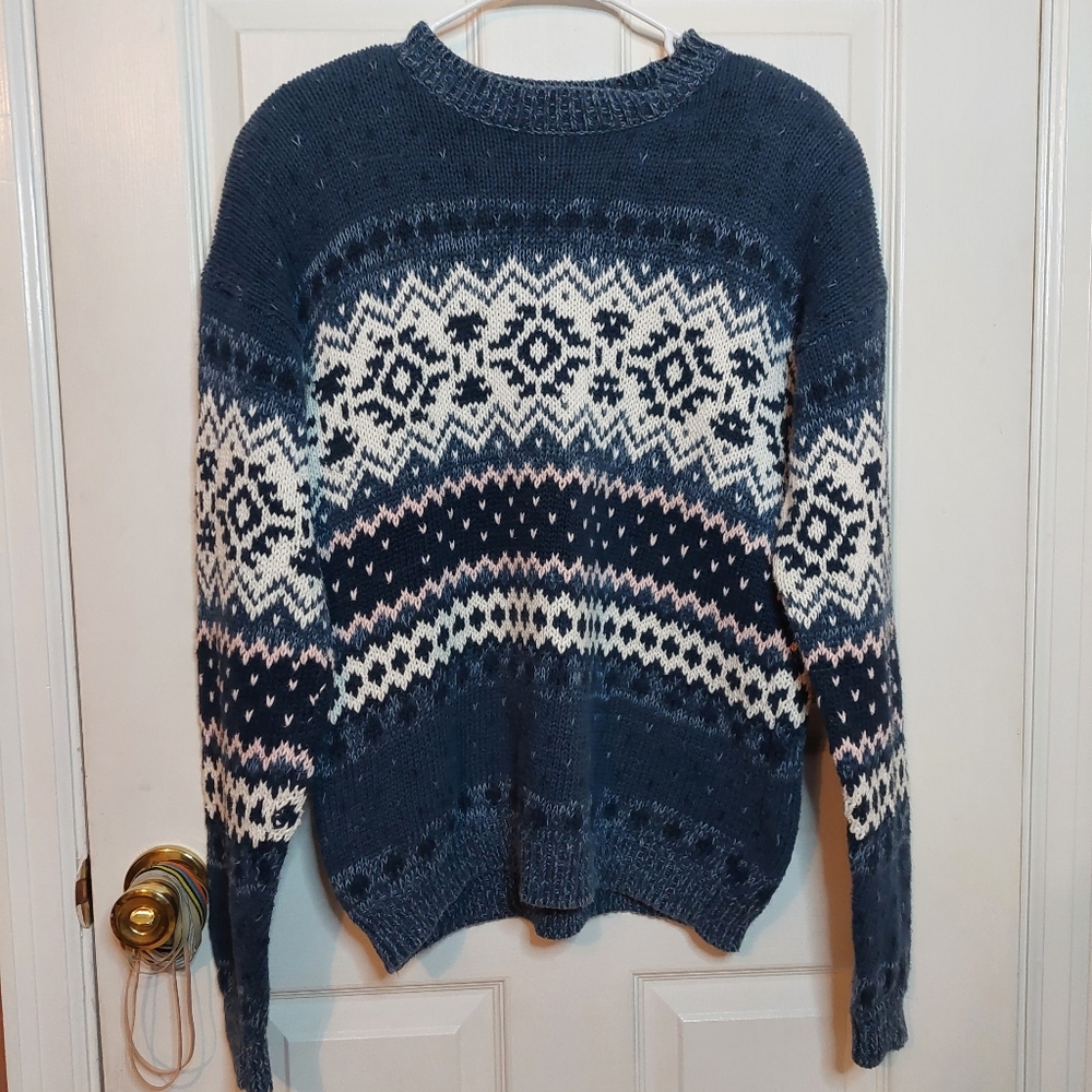 Allison Smith Vintage Blue Fair Isle Knit Crewneck Sweater Shoulder Pads Size M